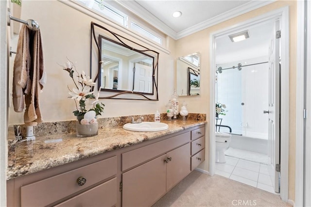 bathroom with shower / bathtub combination, vanity, ornamental molding, toilet, and tile patterned floors