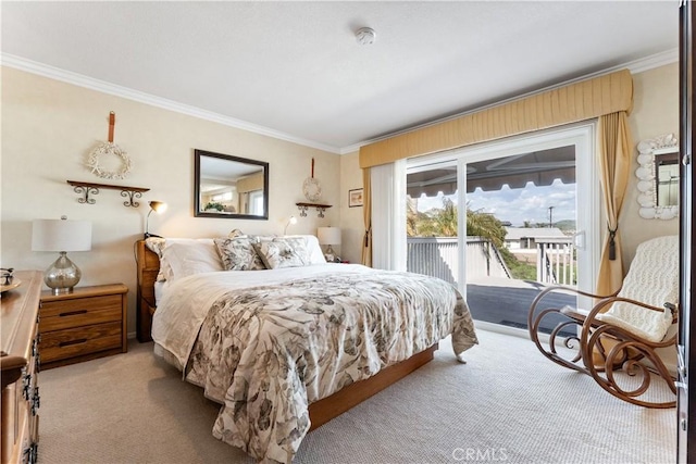 bedroom with access to outside, light colored carpet, and ornamental molding