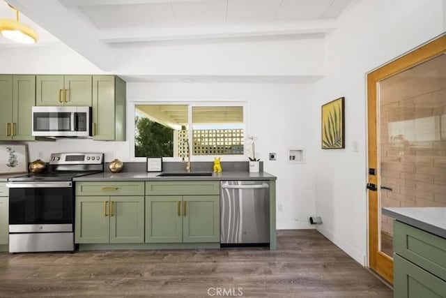 22495 Sierra Dr, Palm Springs, CA 92262 - kitchen featuring green cabinetry, stainless steel appliances, beamed ceiling, and a sink
