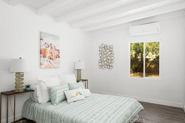 22495 Sierra Dr, Palm Springs, CA 92262 - bedroom with baseboards, beamed ceiling, wood finished floors, and a wall mounted AC