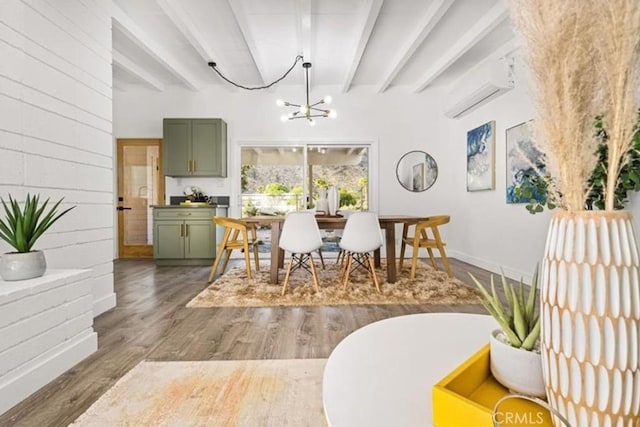 22495 Sierra Dr, Palm Springs, CA 92262 - dining area with baseboards, wood finished floors, an AC wall unit, beam ceiling, and a notable chandelier