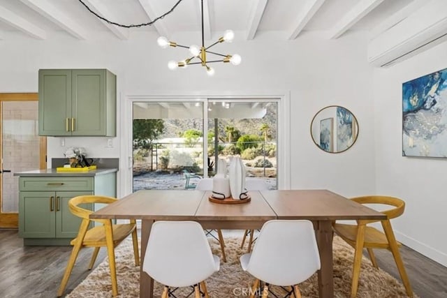 22495 Sierra Dr, Palm Springs, CA 92262 - dining space featuring beamed ceiling, dark wood-style flooring, a wall mounted air conditioner, a notable chandelier, and baseboards
