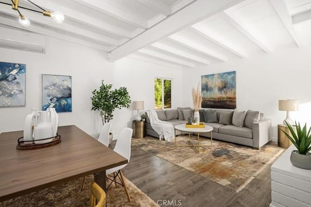 22495 Sierra Dr, Palm Springs, CA 92262 - living area with beam ceiling, wood finished floors, and a wall unit AC