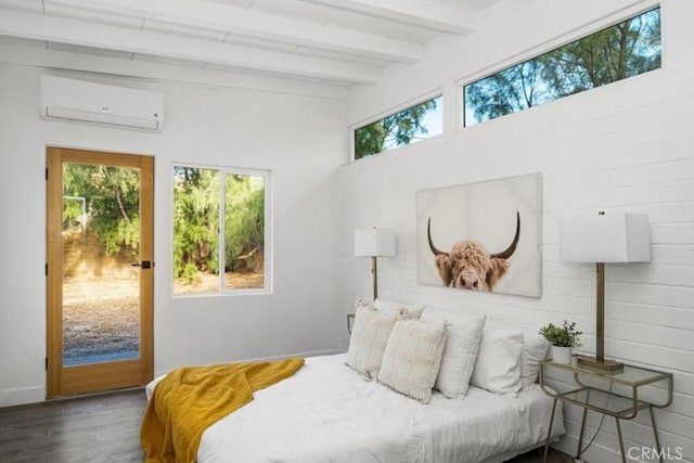 22495 Sierra Dr, Palm Springs, CA 92262 - bedroom featuring a wall mounted air conditioner, beamed ceiling, multiple windows, and wood finished floors