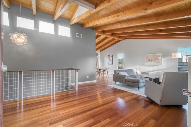 5084 Llano Dr, Woodland Hills, CA 91364 - living area featuring plenty of natural light, wooden ceiling, wood finished floors, a chandelier, and baseboards