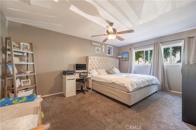bedroom with baseboards, carpet flooring, and ceiling fan