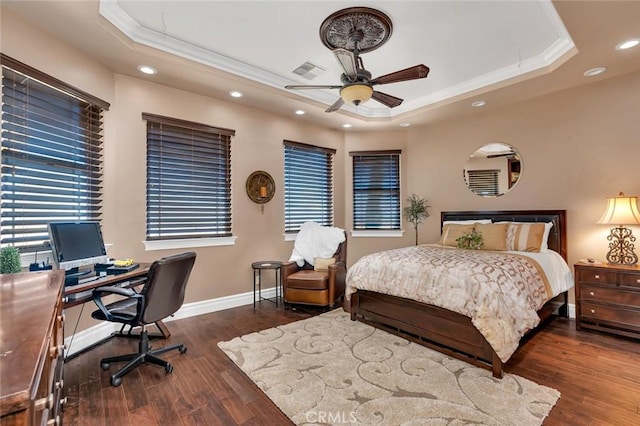 20711 Canyon Rd, Los Banos, CA 93635 - bedroom with a tray ceiling, visible vents, crown molding, and baseboards