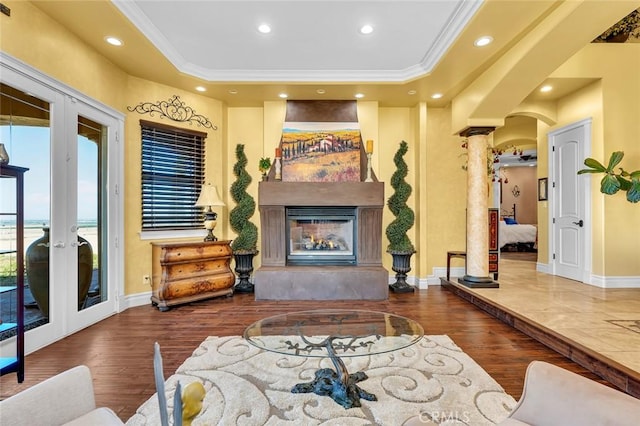 20711 Canyon Rd, Los Banos, CA 93635 - living room featuring baseboards, french doors, wood finished floors, and ornate columns