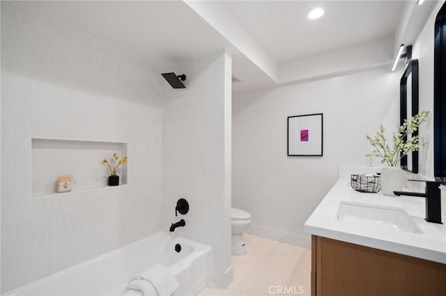 3130 E Craig Dr, Orange, CA 92869 - bathroom featuring toilet, bathtub / shower combination, double vanity, baseboards, and recessed lighting