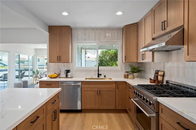 3130 E Craig Dr, Orange, CA 92869 - kitchen featuring appliances with stainless steel finishes, a sink, under cabinet range hood, backsplash, and light countertops