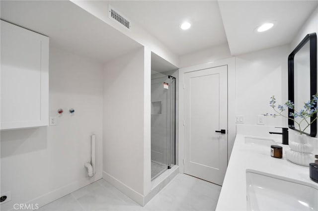 3130 E Craig Dr, Orange, CA 92869 - full bath with a shower stall, baseboards, recessed lighting, and double vanity