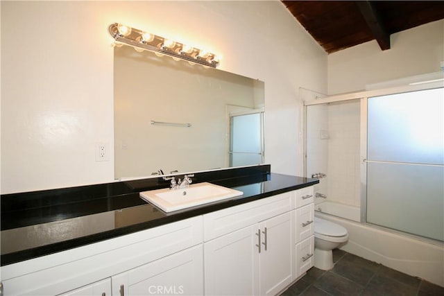 full bathroom with beamed ceiling, vanity, tile patterned flooring, toilet, and enclosed tub / shower combo