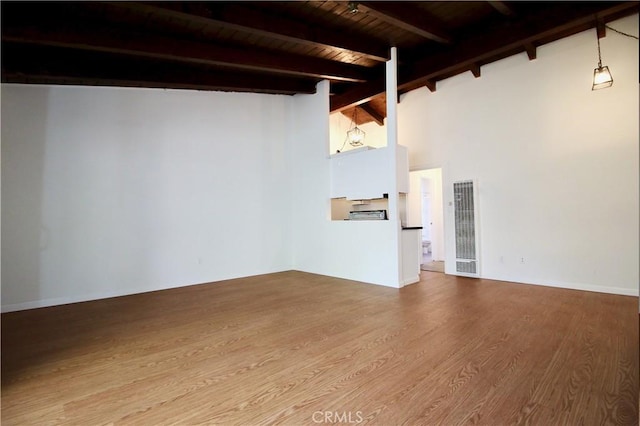 interior space featuring wood ceiling, wood finished floors, vaulted ceiling with beams, and visible vents
