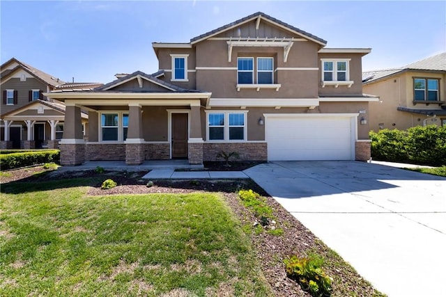 22364 Driftwood Ct, Saugus, CA 91350 - craftsman-style home with concrete driveway, an attached garage, stone siding, and stucco siding