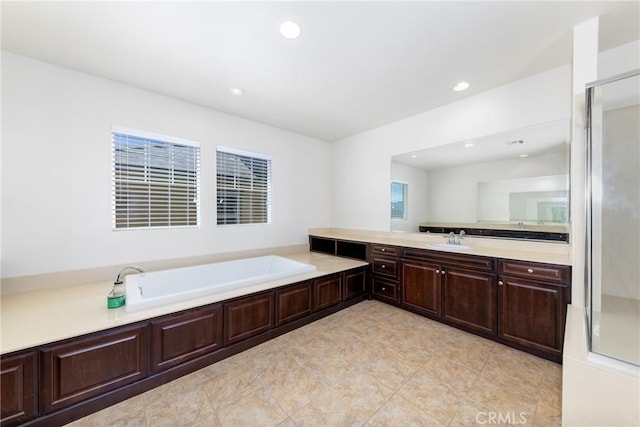 22364 Driftwood Ct, Saugus, CA 91350 - bathroom with a bath, recessed lighting, vanity, and a stall shower