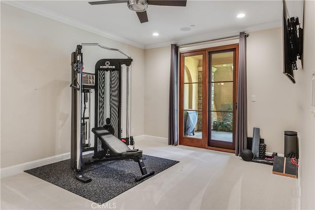 1217 Granvia Altamira, Palos Verdes Estates, CA 90274 - exercise area with baseboards, ornamental molding, recessed lighting, carpet floors, and ceiling fan
