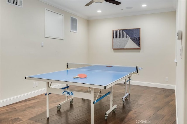 1217 Granvia Altamira, Palos Verdes Estates, CA 90274 - game room with wood finished floors, baseboards, a ceiling fan, and visible vents