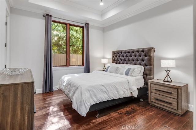 1217 Granvia Altamira, Palos Verdes Estates, CA 90274 - bedroom with a raised ceiling, baseboards, ornamental molding, and dark wood finished floors