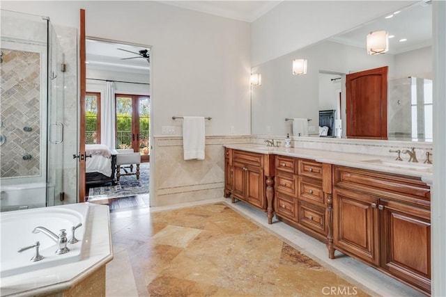 1217 Granvia Altamira, Palos Verdes Estates, CA 90274 - ensuite bathroom featuring a shower stall, double vanity, a sink, and ornamental molding