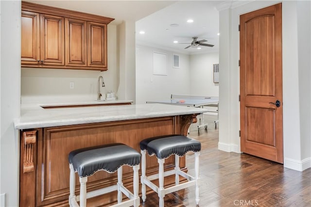 1217 Granvia Altamira, Palos Verdes Estates, CA 90274 - bar with dark wood finished floors, indoor wet bar, a ceiling fan, recessed lighting, and a sink