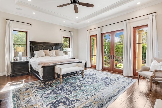 1217 Granvia Altamira, Palos Verdes Estates, CA 90274 - bedroom with multiple windows, access to outside, a tray ceiling, and french doors