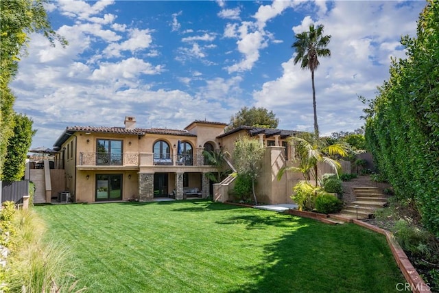 1217 Granvia Altamira, Palos Verdes Estates, CA 90274 - back of house with cooling unit, stucco siding, a lawn, stairs, and a chimney