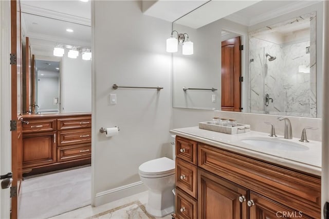 1217 Granvia Altamira, Palos Verdes Estates, CA 90274 - full bath featuring a marble finish shower, ornamental molding, toilet, and baseboards