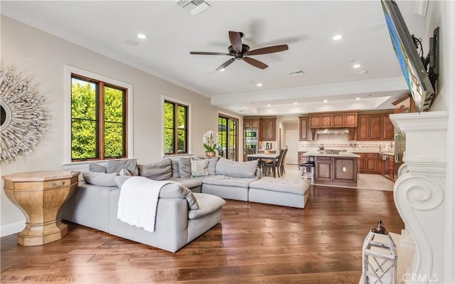 1217 Granvia Altamira, Palos Verdes Estates, CA 90274 - living room featuring dark wood-type flooring, visible vents, ceiling fan, and recessed lighting