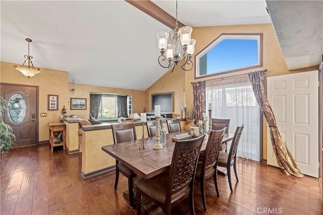 dining room with an inviting chandelier, baseboards, high vaulted ceiling, and dark wood finished floors