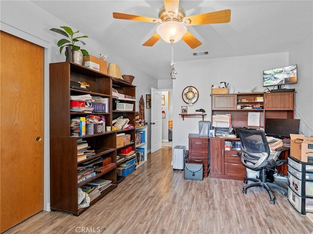 13250 Yellowstone Ave, Victorville, CA 92395 - office featuring visible vents, a ceiling fan, and wood finished floors