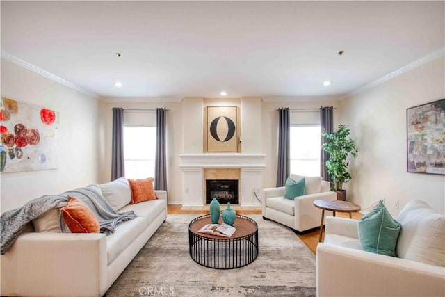 12011 Goshen Ave Unit 203, Los Angeles, CA 90049 - living room featuring recessed lighting, ornamental molding, wood finished floors, and a fireplace