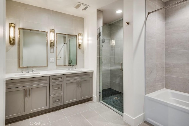 1920 S Pacific Coast Hwy Unit 213, Redondo Beach, CA 90277 - bathroom featuring a sink, visible vents, a shower stall, and tile patterned flooring