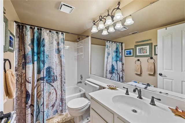 full bathroom with visible vents, toilet, an inviting chandelier, and vanity