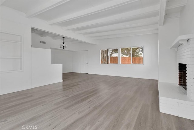 17637 Sultana St, Hesperia, CA 92345 - unfurnished living room featuring beam ceiling, wood finished floors, and visible vents