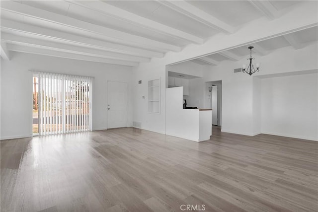 17637 Sultana St, Hesperia, CA 92345 - unfurnished living room with visible vents, beam ceiling, an inviting chandelier, and wood finished floors