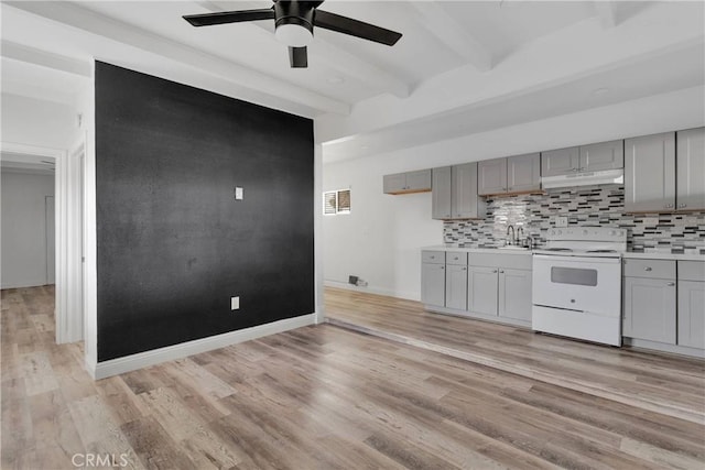 17637 Sultana St, Hesperia, CA 92345 - kitchen featuring visible vents, white electric stove, under cabinet range hood, gray cabinetry, and decorative backsplash