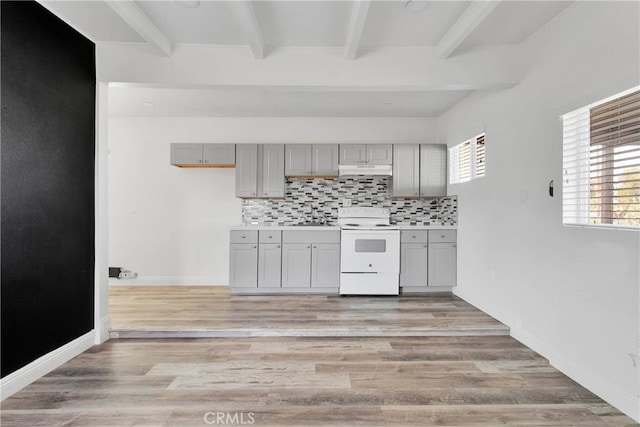 17637 Sultana St, Hesperia, CA 92345 - kitchen featuring gray cabinets, beam ceiling, decorative backsplash, light wood finished floors, and white range with electric cooktop