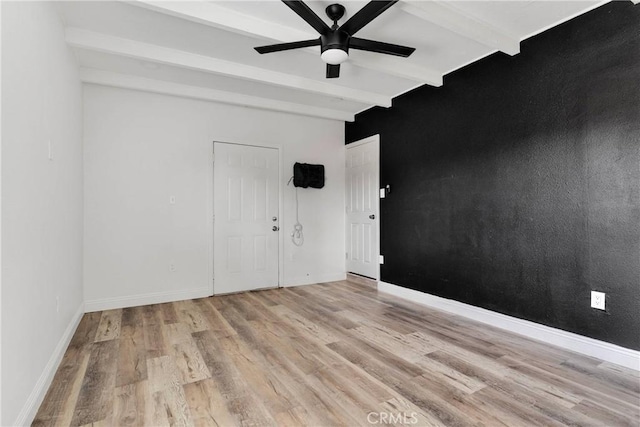 17637 Sultana St, Hesperia, CA 92345 - spare room featuring baseboards, an accent wall, ceiling fan, beamed ceiling, and light wood finished floors