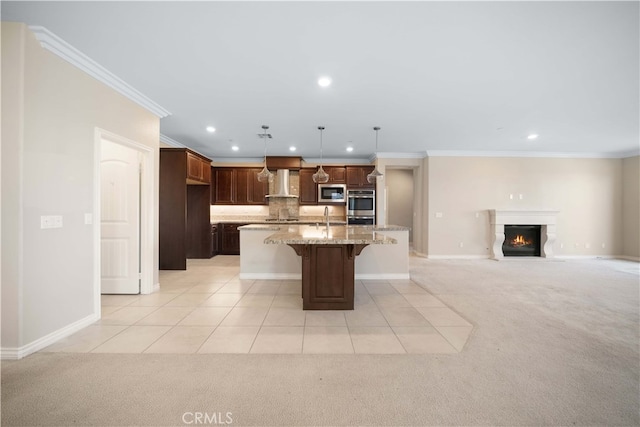 33830 Edge Ln, Temecula, CA 92592 - kitchen featuring light colored carpet, a kitchen breakfast bar, wall chimney exhaust hood, and stainless steel appliances