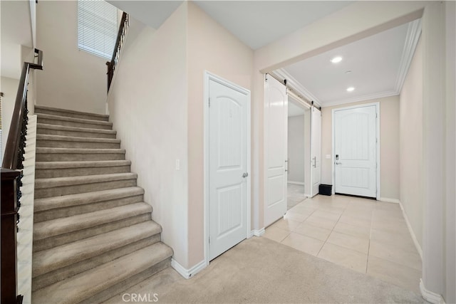 33830 Edge Ln, Temecula, CA 92592 - stairs with recessed lighting, baseboards, tile patterned flooring, and a barn door
