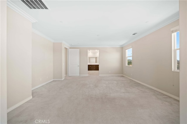 33830 Edge Ln, Temecula, CA 92592 - unfurnished living room featuring visible vents, light colored carpet, baseboards, and ornamental molding