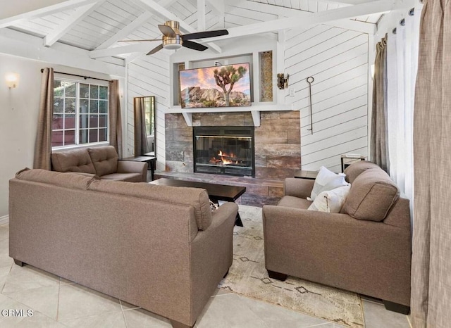 23624 Scenic Dr, Crestline, CA 92325 - tiled living area featuring a glass covered fireplace, wooden walls, a ceiling fan, and wooden ceiling
