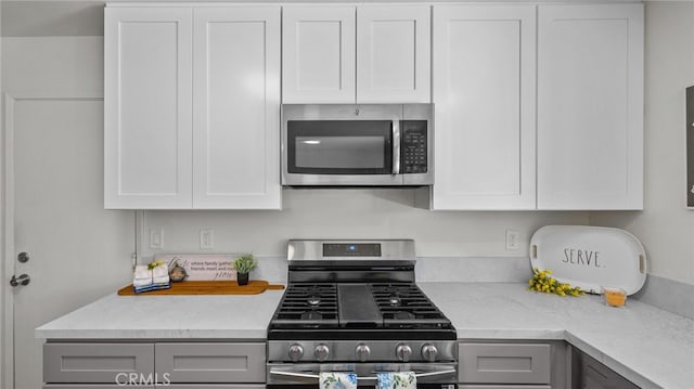 10069 Hershey Way, Riverside, CA 92503 - kitchen with stainless steel appliances, gray cabinetry, white cabinetry, and light stone countertops