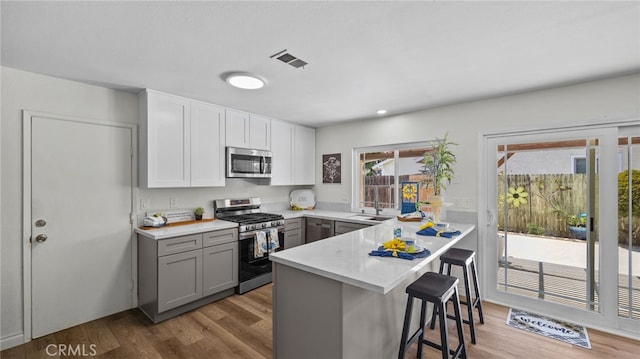 10069 Hershey Way, Riverside, CA 92503 - kitchen featuring appliances with stainless steel finishes, gray cabinetry, a kitchen bar, a peninsula, and wood finished floors