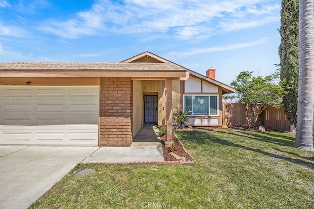 10069 Hershey Way, Riverside, CA 92503 - view of front of house with brick siding, a garage, a chimney, and concrete driveway