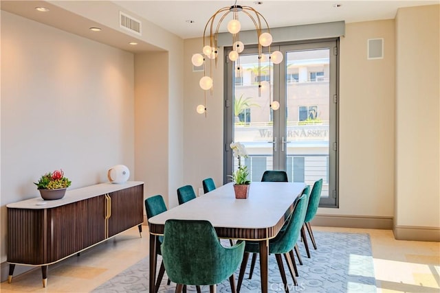 dining area with recessed lighting, visible vents, baseboards, and french doors