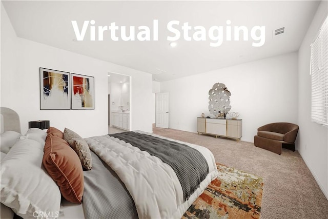 29391 Santa Ynez Cir, Menifee, CA 92584 - bedroom featuring visible vents, ensuite bathroom, and carpet floors