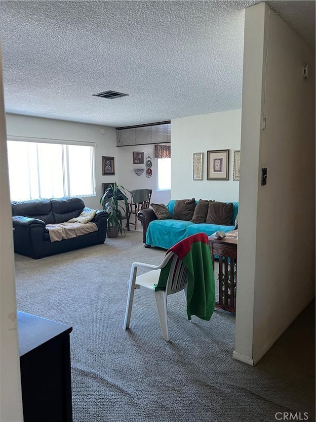living area featuring a textured ceiling, carpet flooring, and plenty of natural light