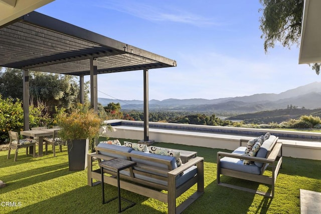 1417 Foothill Rd, Ojai, CA 93023 - exterior space featuring a mountain view, a pergola, a yard, and an outdoor hangout area