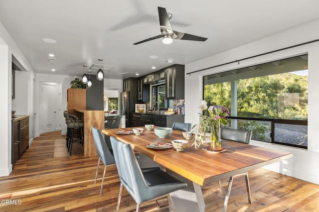 1417 Foothill Rd, Ojai, CA 93023 - dining space featuring wood finished floors, a ceiling fan, and recessed lighting
